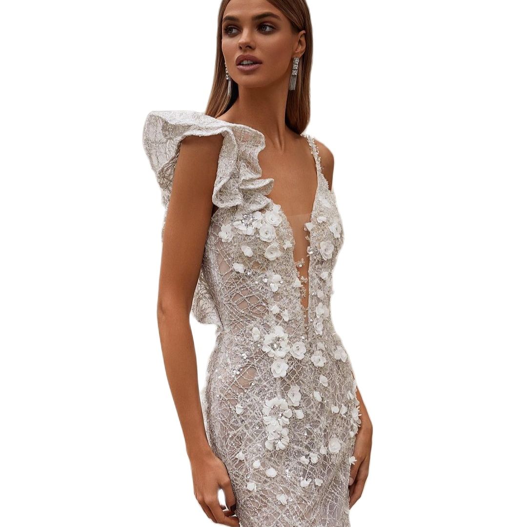 Boho Mermaid Wedding Dress 3D Flowers Appliques Bridal Gowns Beach Bohemian Sheer Back vestido de casamento