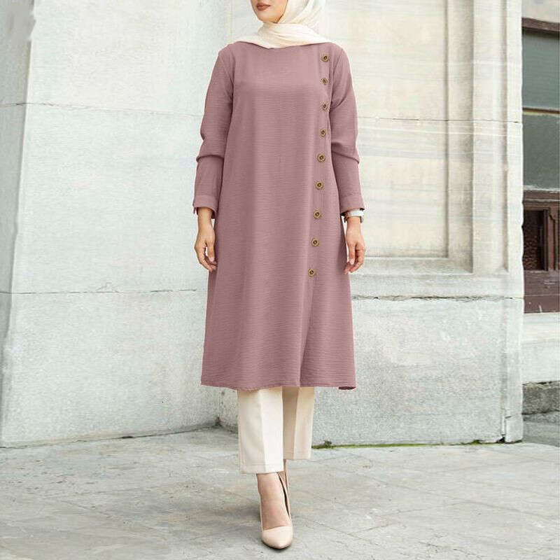 Style Of Muslims Loose Casual Long Sleeved Button Decorated Womens Shirt Dress Middle East