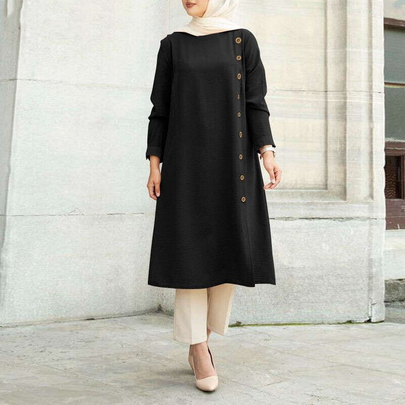 Style Of Muslims Loose Casual Long Sleeved Button Decorated Womens Shirt Dress Middle East