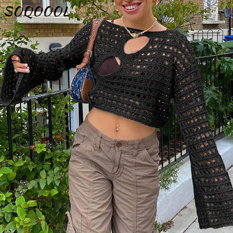 Women's Sweaters Y2K Hollow Out Cropped Knit Smock Top Women Vintage Loose Distressed Crochet Pullovers Crop Tops Fairy Grunge Sweater Cover-up 2