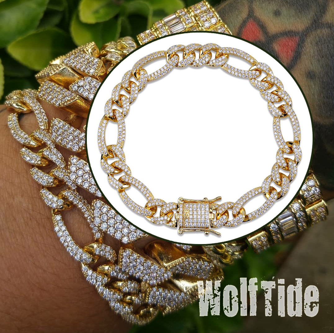 10mm Bling Cubic Zircon Mens Hip Hop Figaro Chain Bracelet 7/8inch 18K Gold Plated Miami Rock Rapper Jewelry Copper Wristband Cuban Link Chains for Gu