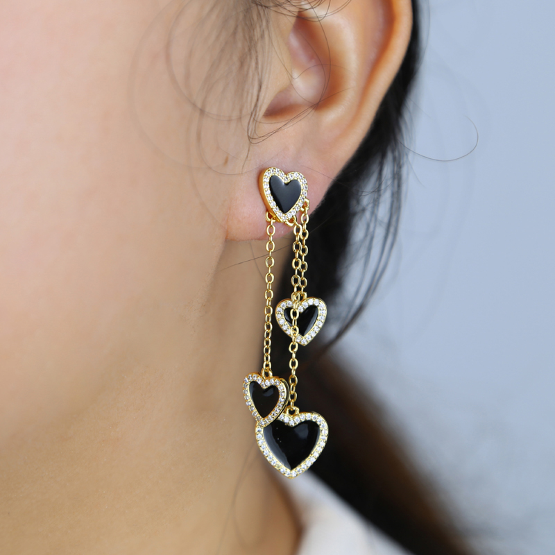 Black Enamel Heart Tassel Earrings: Iced Out CZ Pave Cubic Zircon, Long Chain, Hip Hop Style for Women