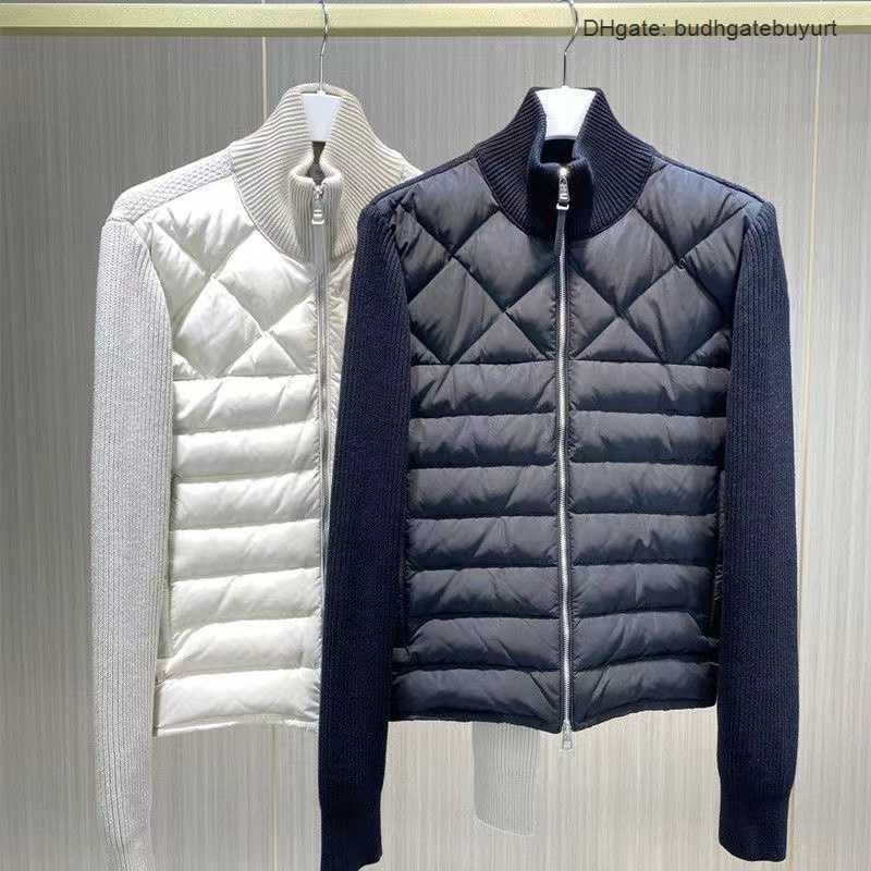 High Quality Men Stand Up Collar Down Jackets Designer Knitted Wool Cardigan Patchwork 100% White Duck Down Front Winter Casual Men Coats