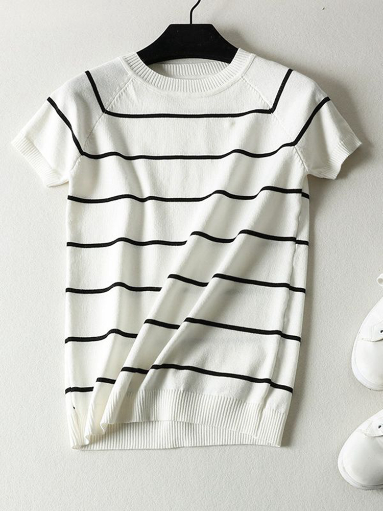 Women's Sweaters Summer Short Sleeve Striped Pullover Women Sweater Knitted Sweaters O-Neck Tops Korean Pull Femme Jumper Female White Black 2308