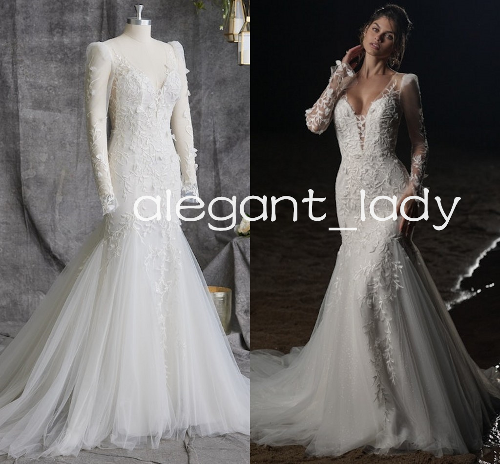Deep V-neck Sexy Long Sleeve Backless Wedding Gown Lace Floral Sheer Mesh Mermaid Beach Bridal Dresses Outfits Wears