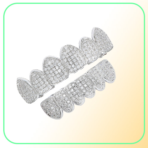 Hip Hop 14K Gold Vampire Teeth Grillz Iced Out Micro Pave Zircon Halloween Top Bottom Dental Grills Tooth Sets Jewelry For Men9558