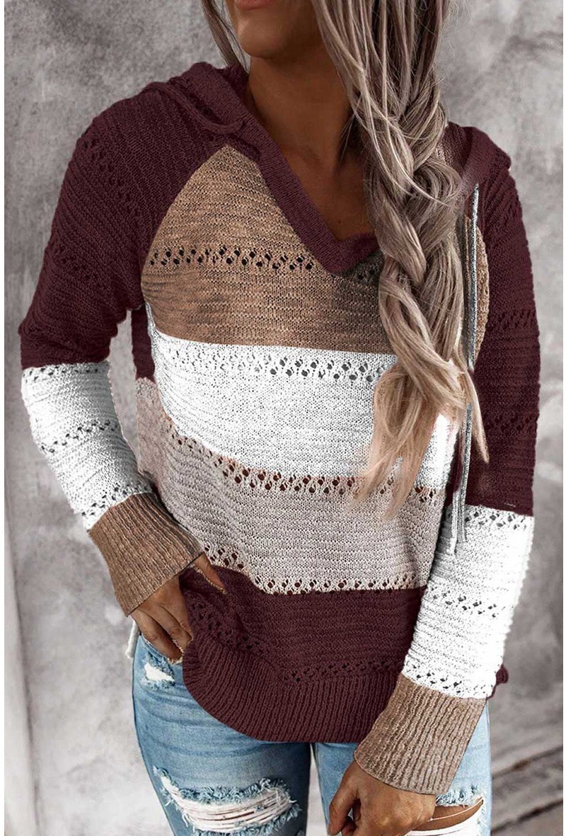 Women's Sweaters Fall Winter Patchwork Hooded Sweaters for Women Long Sleeve V-Neck Slim Pullover Tops Jumper Plus Size Female Knit Sweaters 2308