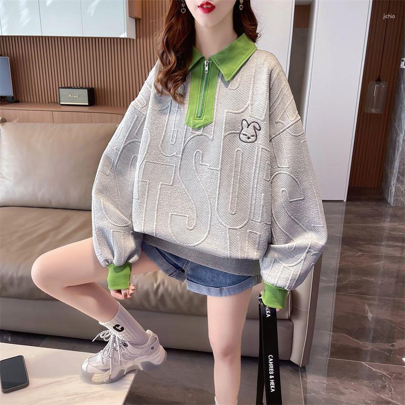 Womens Hoodies Korean Fashion Embroidery Harajuku Women Loose Patchwork Turn Down Collar Letter Jacquard Pullover Sweatshirts