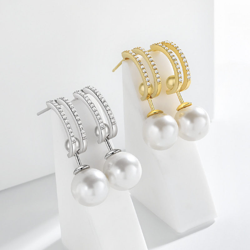 Stud Earrings S925 Silver Somen's Crystal Earrings A Multi-Wear C-Shaped Zircon Earrings Light Luxury Temperament Pearl All-Match Pendant Earring
