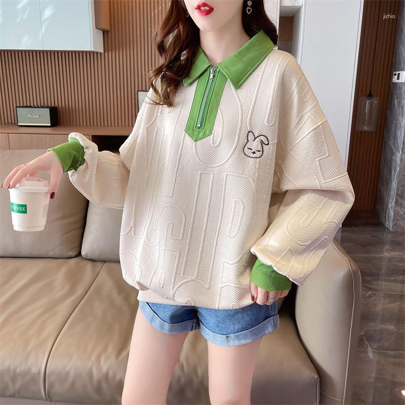 Womens Hoodies Korean Fashion Embroidery Harajuku Women Loose Patchwork Turn Down Collar Letter Jacquard Pullover Sweatshirts