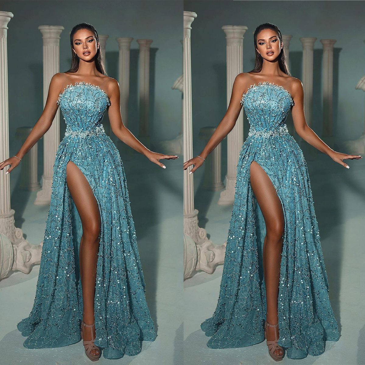 Sexy Sequins A Line Evening Dresses Fashion Strapless Prom Dress High Side Split PearlsFormal Party Gowns