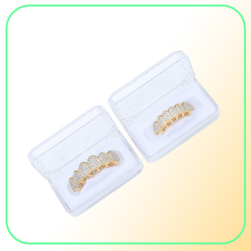 Hip Hop 14K Gold Vampire Teeth Grillz Iced Out Micro Pave Zircon Halloween Top Bottom Dental Grills Tooth Sets Jewelry For Men9558