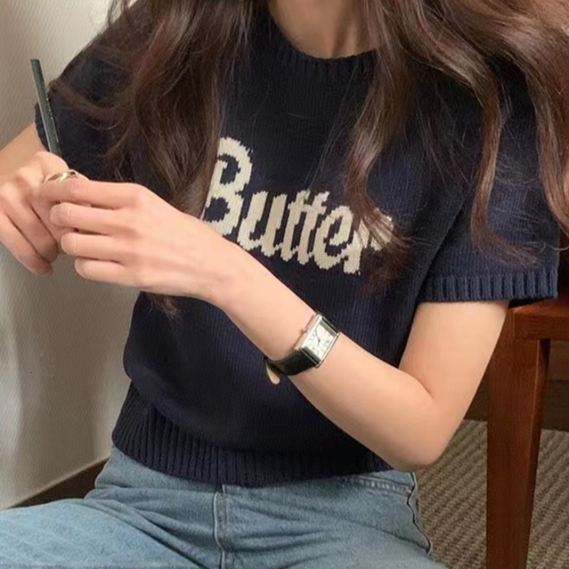 Women's Sweaters Korejpaa Korean Fashion Pull Femme Knitwear Letter Jacquard Round Neck Women Sweater Casual Short Sleeve Ladies Tops Spring 2308