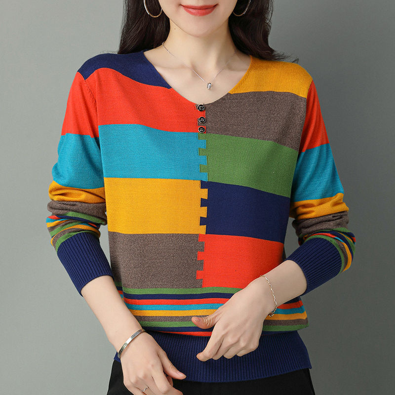 Women's Sweaters Clearance Pick Up Leaks Foreign Trade Women Long-Sleeved Color-Blocking Thin Pullover Sweater Female Knitting Loose Top Pullover
