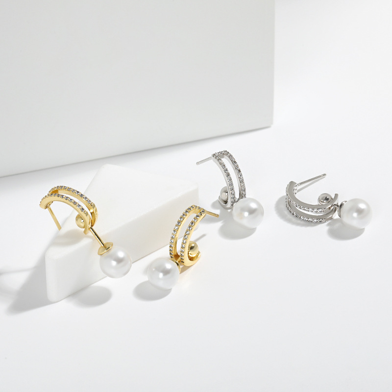 Stud Earrings S925 Silver Somen's Crystal Earrings A Multi-Wear C-Shaped Zircon Earrings Light Luxury Temperament Pearl All-Match Pendant Earring