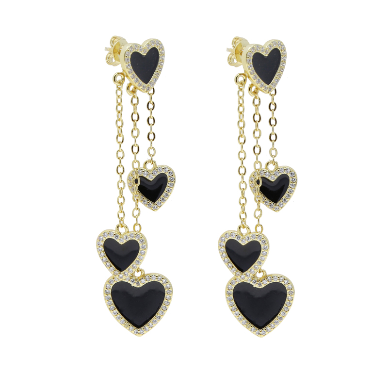 Black Enamel Heart Tassel Earrings: Iced Out CZ Pave Cubic Zircon, Long Chain, Hip Hop Style for Women