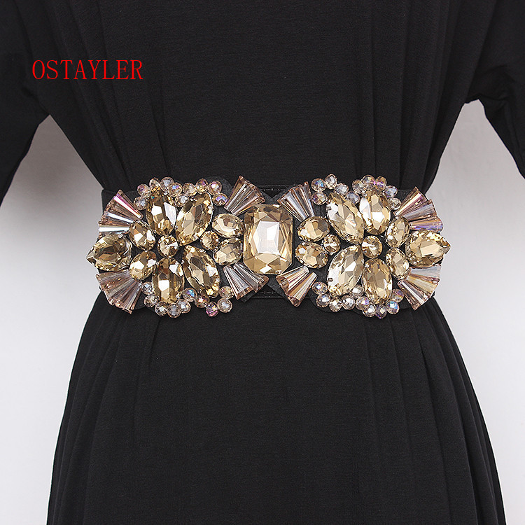 Other Fashion Accessories Geometric Big Crystal Gem Waist Belts Women White Grey Gold Colorful Bead Elastic Waistband Corset Strech Belts 230802