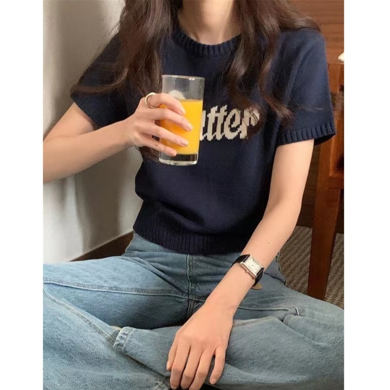 Women's Sweaters Korejpaa Korean Fashion Pull Femme Knitwear Letter Jacquard Round Neck Women Sweater Casual Short Sleeve Ladies Tops Spring 2308