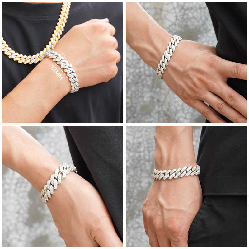 Designer bracelet with 2 rows of diasMens Moissanite Vvs Necklace Gold Plated Sier Jewelry Cuban Link Chain for Men