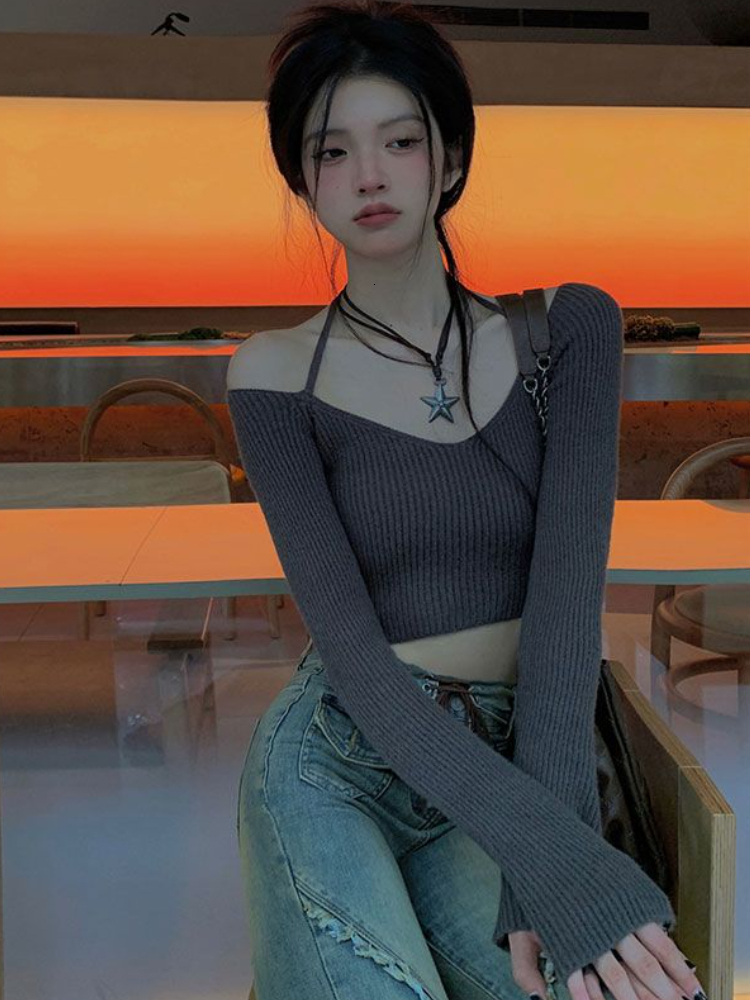 Women's Sweaters Y2K Women Korean Vintage Acubi Slim Cropped Sweater Aesthetics Long Sleeve Sweaters V Neck Gyaru Grunge Tight Pullovers Clothes 