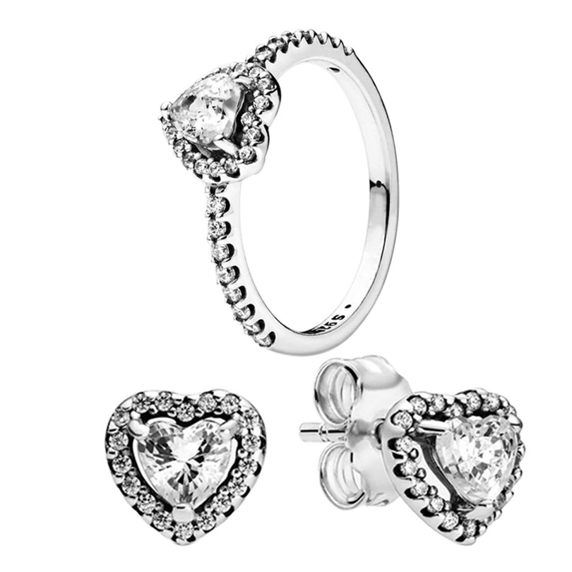 Sparkling Elevated Heart Ring & Stud Earrings Set Authentic 925 Sterling Silver Luxurious RING Women Wedding Party Jewelry set Diamond Earrings ring with Retail Box