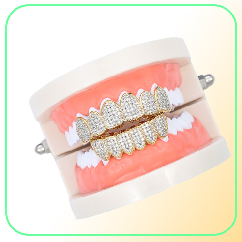 Hip Hop 14K Gold Vampire Teeth Grillz Iced Out Micro Pave Zircon Halloween Top Bottom Dental Grills Tooth Sets Jewelry For Men9558