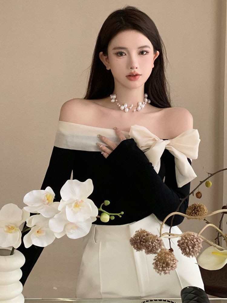 Women's Sweaters Off Shoulder Sweater Women Y2k Clothes Ladies French Style Elegant Sexy Slim Stretch Pullovers Spring Autumn Bow Slash Neck Tops