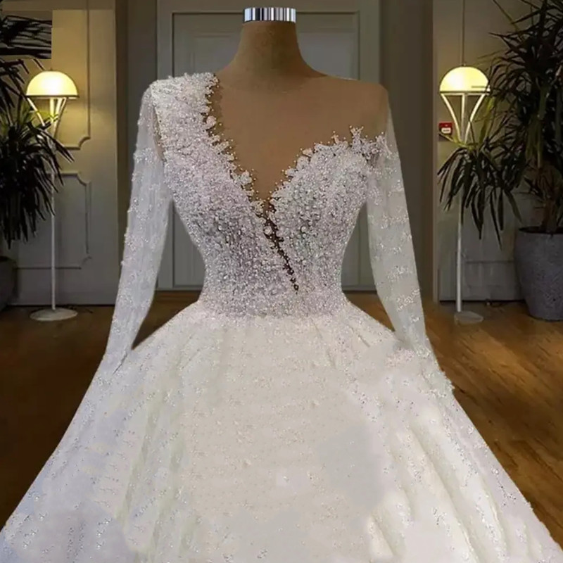 New Arrival Lace Wedding Dress Long Sleeve Beaded Ball Bridal Gown 328