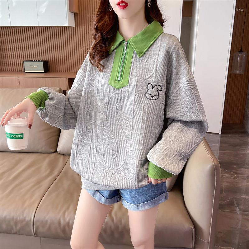 Womens Hoodies Korean Fashion Embroidery Harajuku Women Loose Patchwork Turn Down Collar Letter Jacquard Pullover Sweatshirts
