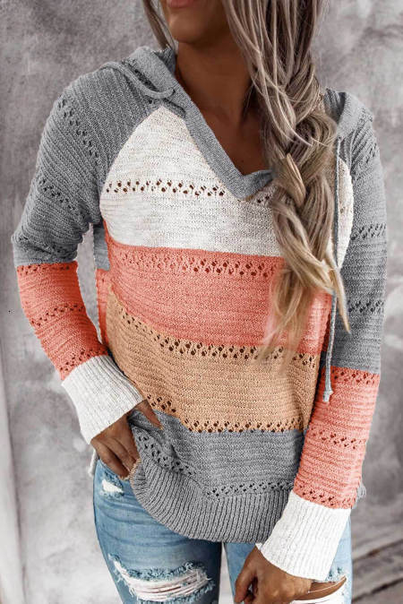 Women's Sweaters Fall Winter Patchwork Hooded Sweaters for Women Long Sleeve V-Neck Slim Pullover Tops Jumper Plus Size Female Knit Sweaters 2308
