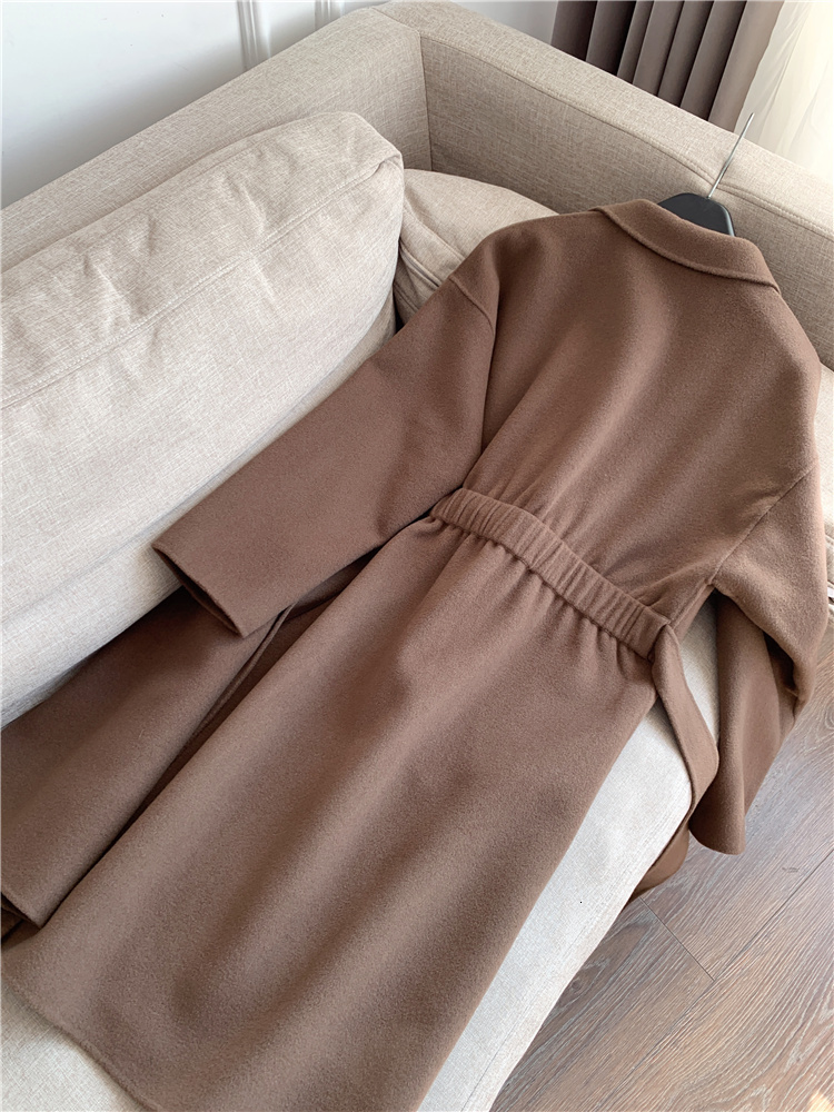 Women Blends 2023 Europe and the United States autumn temperament wool collected waist mid length double sided coat female 230803