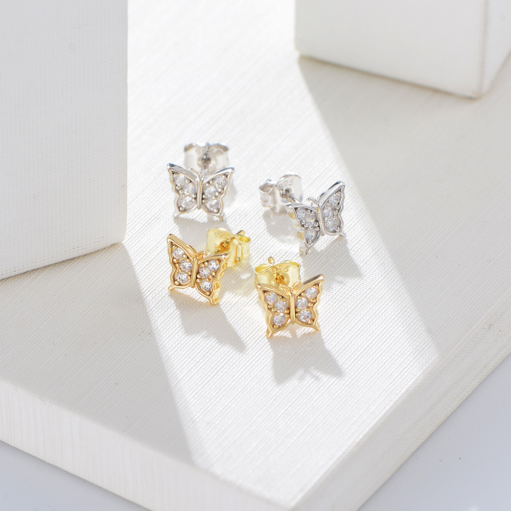 Stud Earrings S925 Silver Sterling Silver Women's Stud Earrings Designer Shiny Crystal Butterfly Hypoallergenic Earrings Simple Luxury Gold Diamo