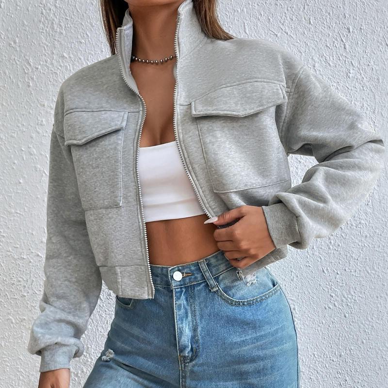 Womens Hoodies Women Stand Collar Short Hoodie Crop Tops Solid Color Jacket Casual Long Sleeve Pocket Sweatshirt Elasticized Hem And Cuffs
