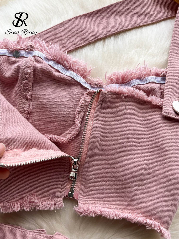 Two Piece Dress SINGREINY Denim Pink Sexy Women Sets Zipper Sashes Button Pocket Irregular Strapless Backless Top Denim Skirt Two Piece Set 230802