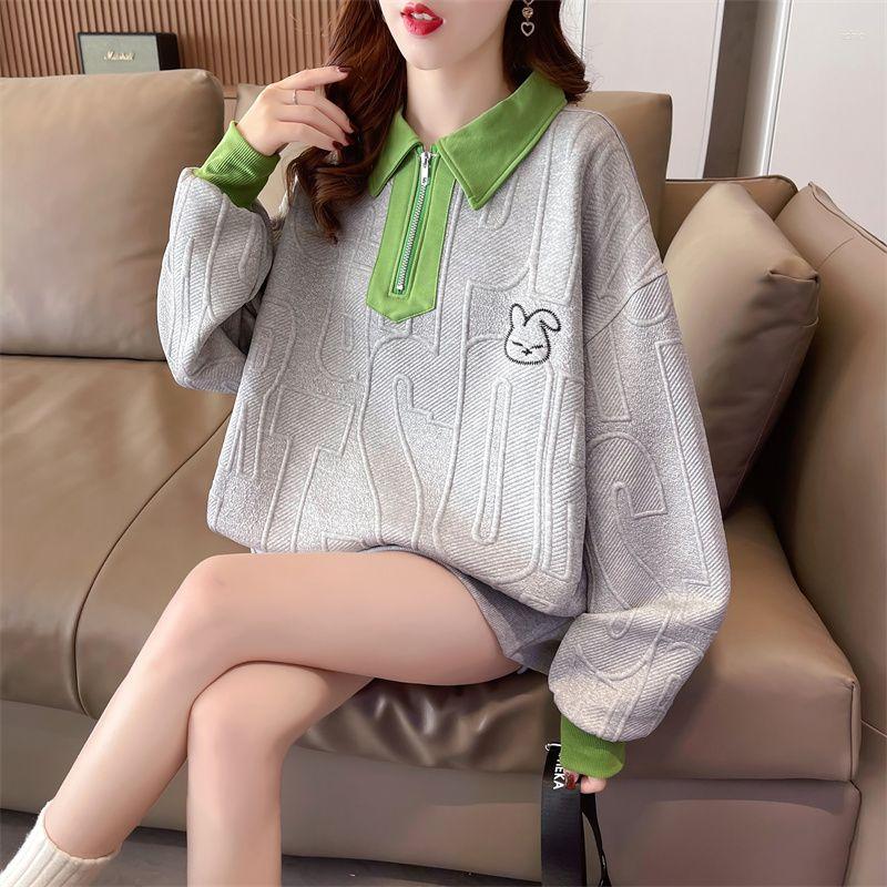 Womens Hoodies Korean Fashion Embroidery Harajuku Women Loose Patchwork Turn Down Collar Letter Jacquard Pullover Sweatshirts