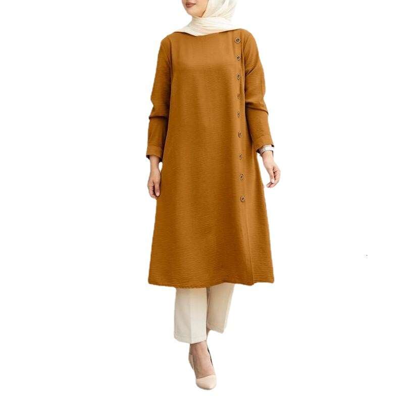 Style Of Muslims Loose Casual Long Sleeved Button Decorated Womens Shirt Dress Middle East