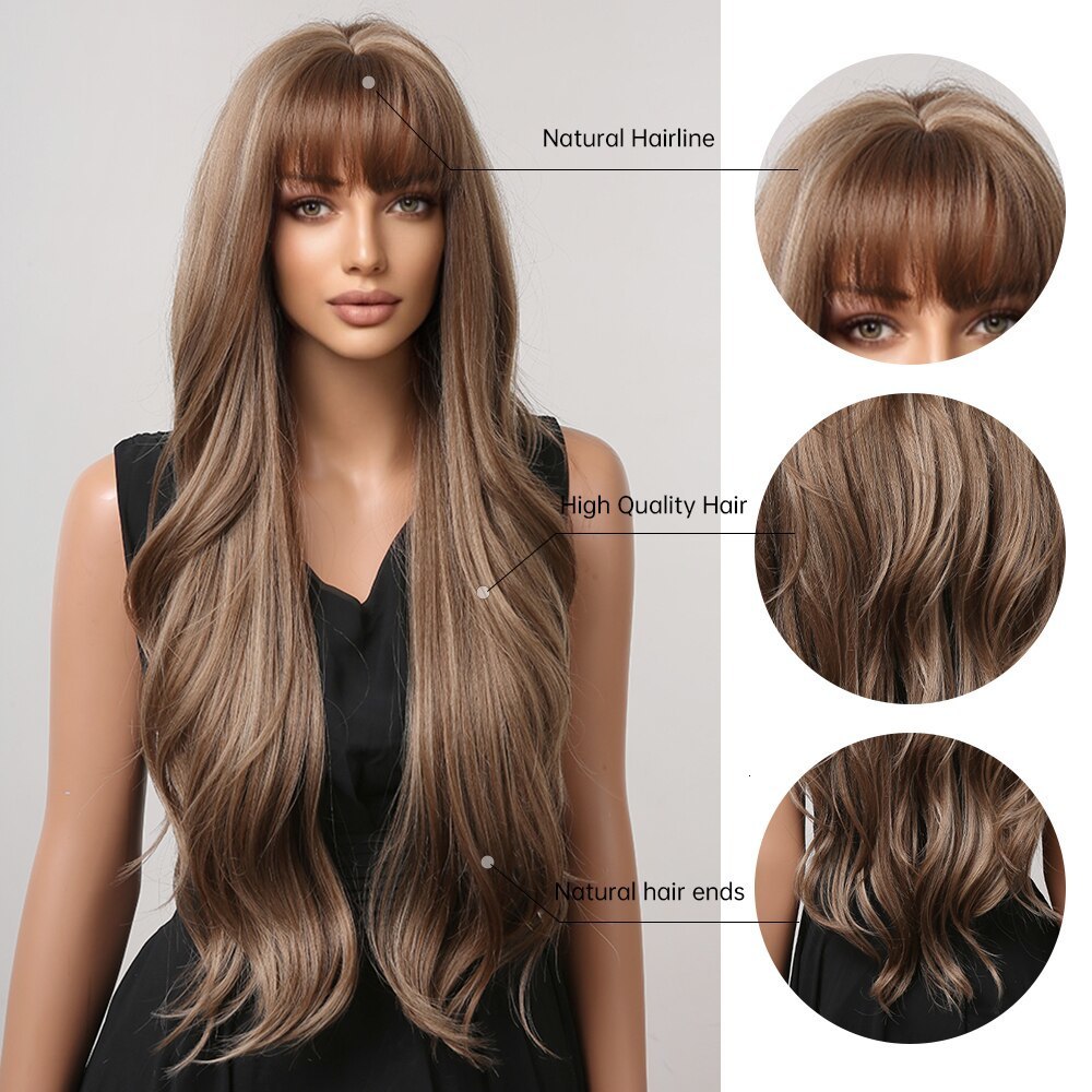 Wig Caps HAIRCUBE brown mixed blonde synthetic wig with Bang long wavy hair suitable for women's daily role-playing using heat-resistant 230803
