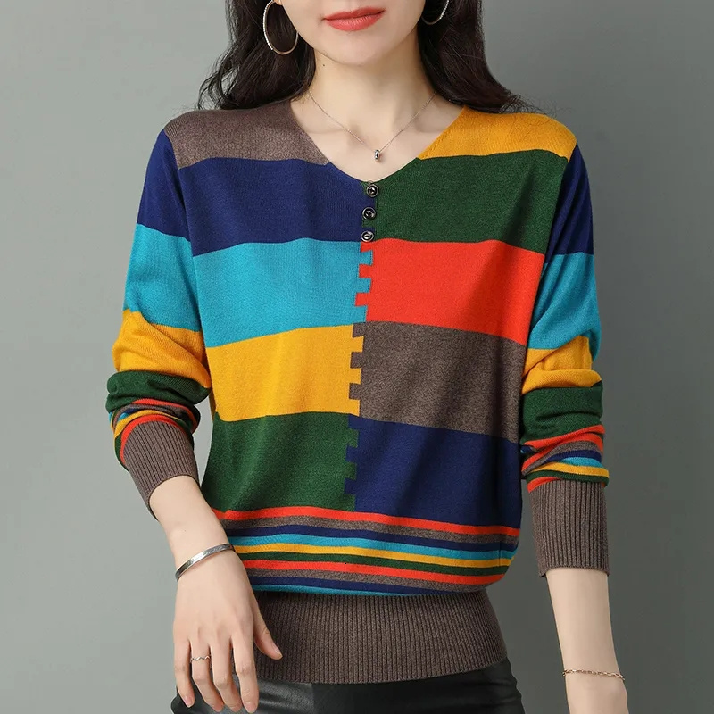 Women's Sweaters Clearance Pick Up Leaks Foreign Trade Women Long-Sleeved Color-Blocking Thin Pullover Sweater Female Knitting Loose Top Pullover