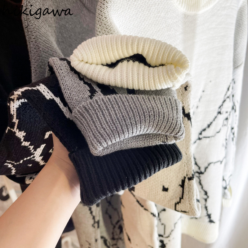 Women's Sweaters Hikigawa Japanese Sweaters Women Clothes Vintage Harajuku Oversized Tops Fashion Pullover Streetwear Gothic Print Black Sweater 