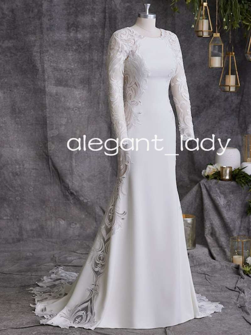 Modest illusion Lace Long Sleeve Wedding Dress with A Scalloped Train Buttons Back Stain Mermaid Country Bridal Gown