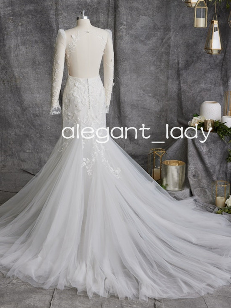 Deep V-neck Sexy Long Sleeve Backless Wedding Gown Lace Floral Sheer Mesh Mermaid Beach Bridal Dresses Outfits Wears