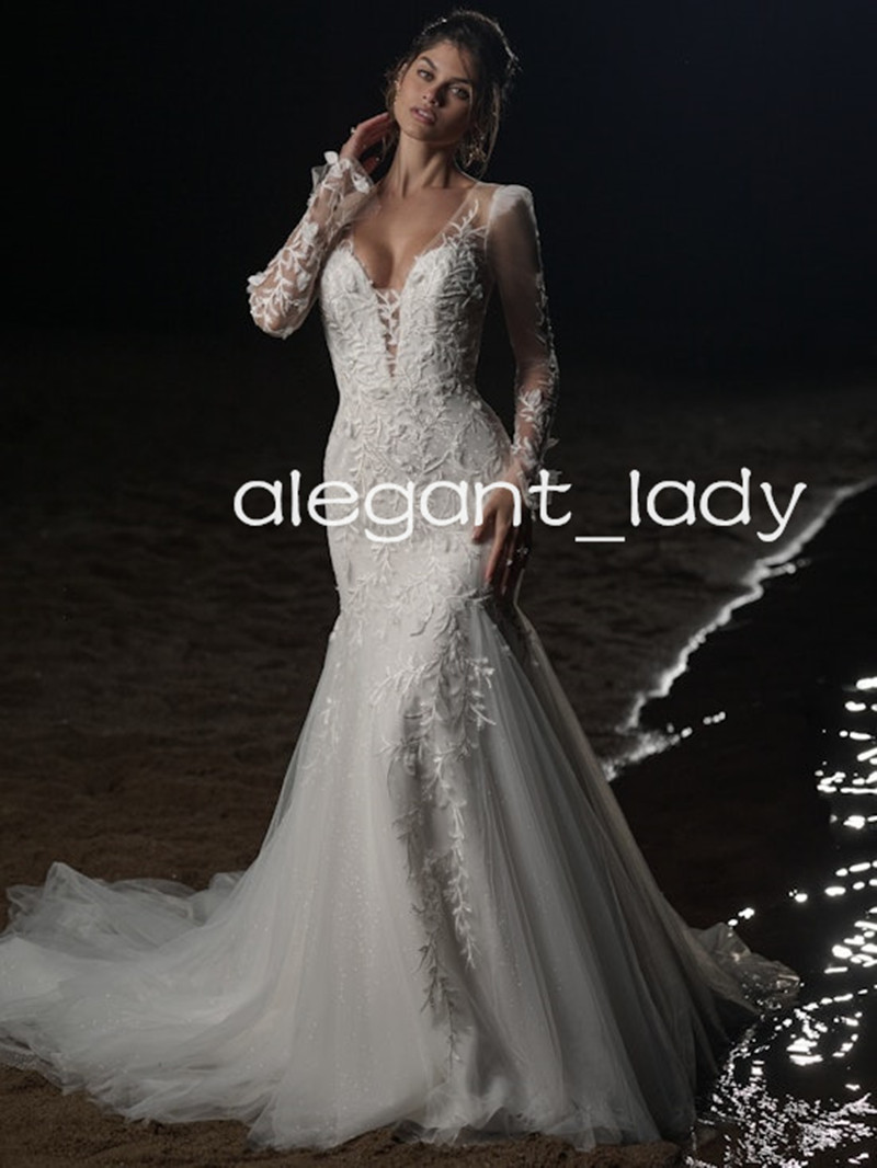 Deep V-neck Sexy Long Sleeve Backless Wedding Gown Lace Floral Sheer Mesh Mermaid Beach Bridal Dresses Outfits Wears