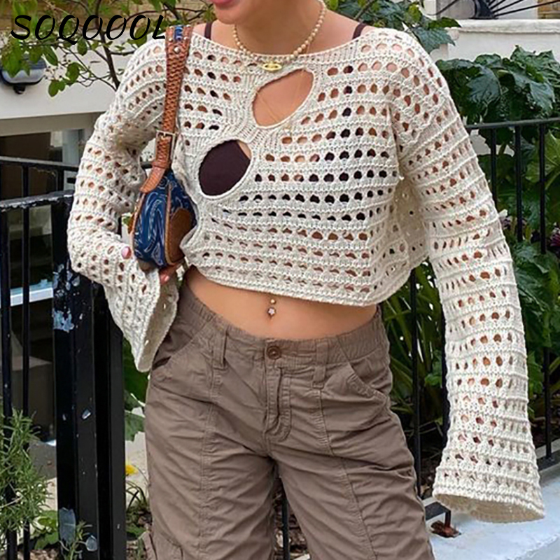 Women's Sweaters Y2K Hollow Out Cropped Knit Smock Top Women Vintage Loose Distressed Crochet Pullovers Crop Tops Fairy Grunge Sweater Cover-up 2