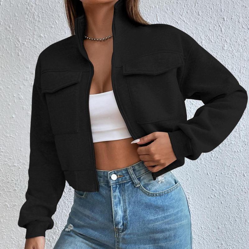 Womens Hoodies Women Stand Collar Short Hoodie Crop Tops Solid Color Jacket Casual Long Sleeve Pocket Sweatshirt Elasticized Hem And Cuffs