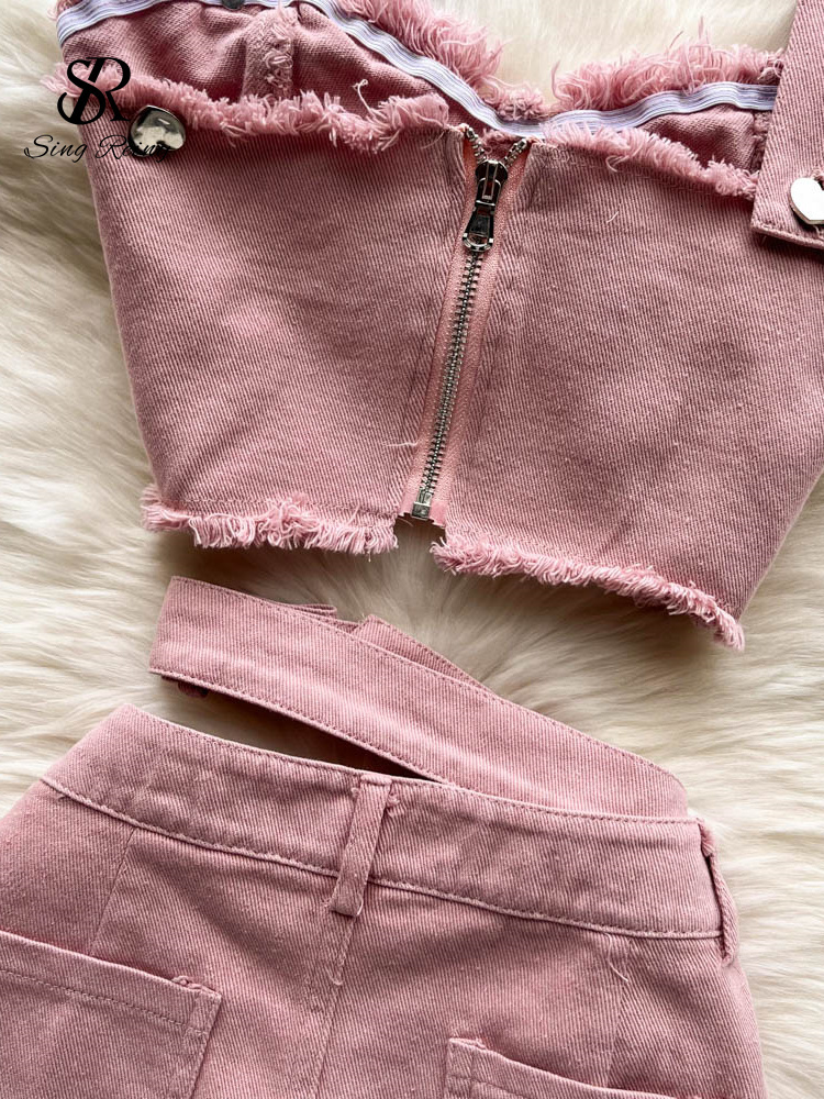 Two Piece Dress SINGREINY Denim Pink Sexy Women Sets Zipper Sashes Button Pocket Irregular Strapless Backless Top Denim Skirt Two Piece Set 230802