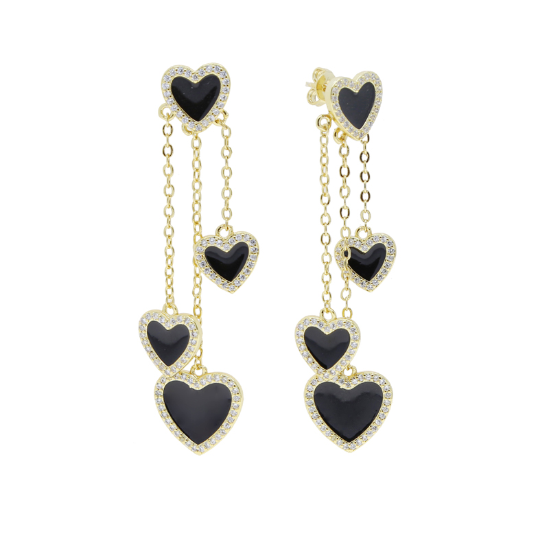 Black Enamel Heart Tassel Earrings: Iced Out CZ Pave Cubic Zircon, Long Chain, Hip Hop Style for Women
