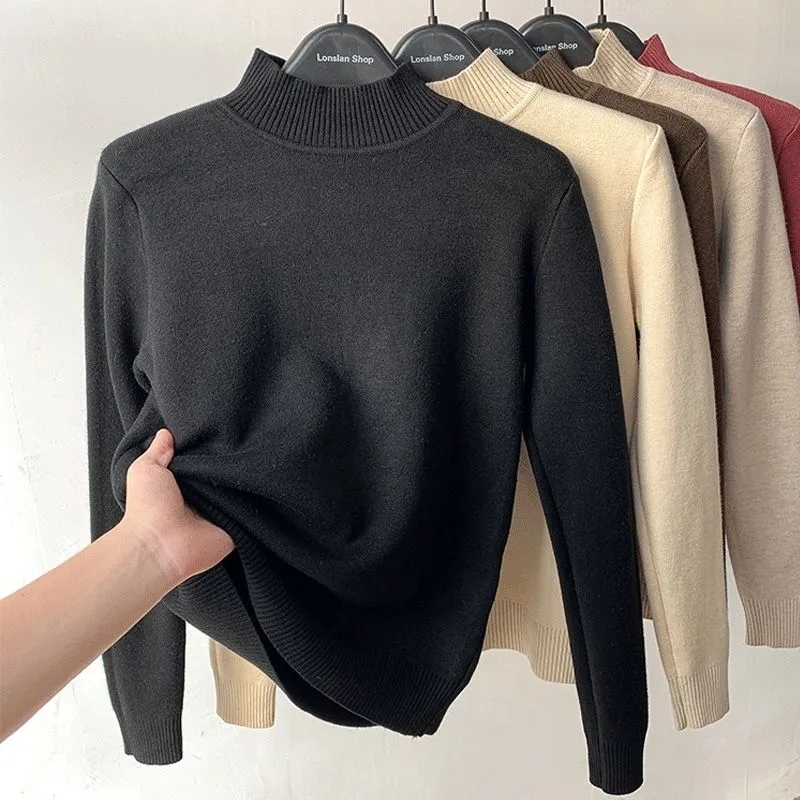 Women's Sweaters Half Turtleneck Sweater Slim Thicken Plus Velvet Woman Sueter Winter Knit Pullovers Casual Plush Fleece Lined Warm Knitwear Tops