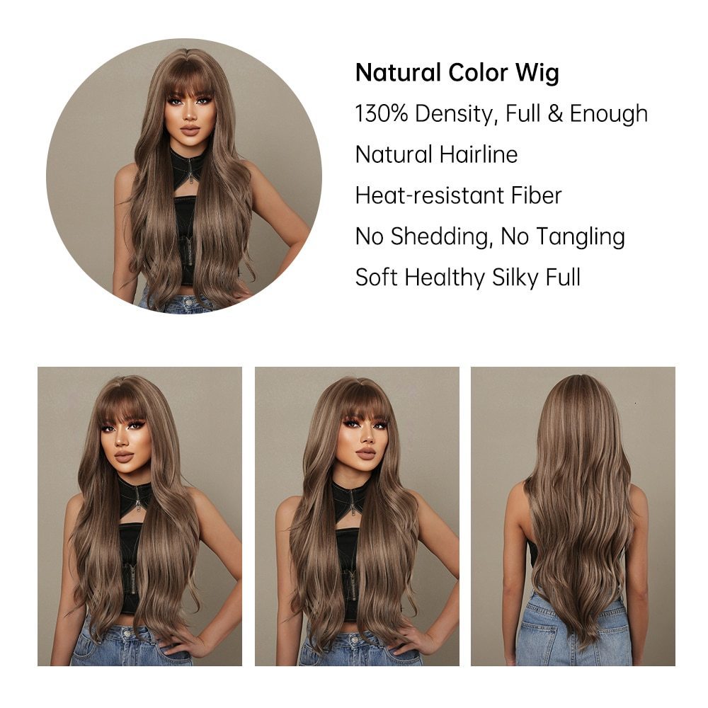 Wig Caps HAIRCUBE brown mixed blonde synthetic wig with Bang long wavy hair suitable for women's daily role-playing using heat-resistant 230803