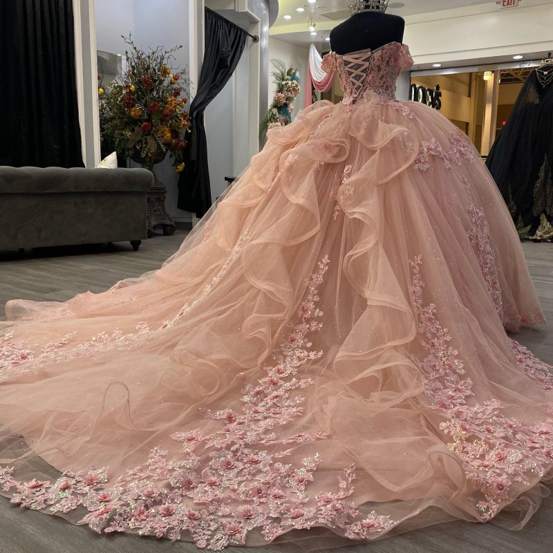 Pink Sweetheart Ball Gown Quinceanera Dress For Girls Beaded Birthday Party Gowns Prom Dresses 3D Flowers Vestido De 15 Anos