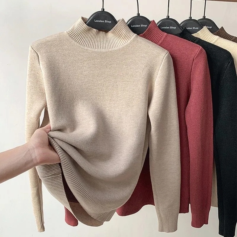 Women's Sweaters Half Turtleneck Sweater Slim Thicken Plus Velvet Woman Sueter Winter Knit Pullovers Casual Plush Fleece Lined Warm Knitwear Tops